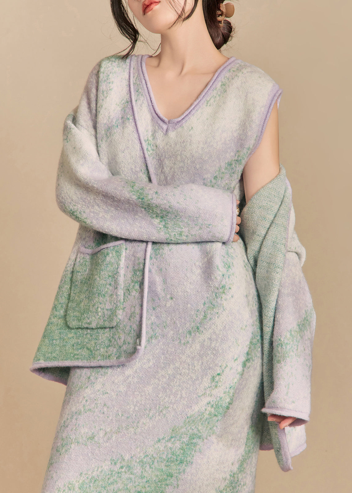 Loose Gradient Color Pockets Coats and Dress Knit Two Pieces Set Winter