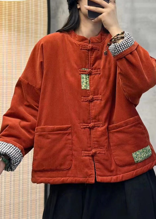 Orange Pockets Chinese Button Corduroy Fine Cotton Filled Jackets Winter