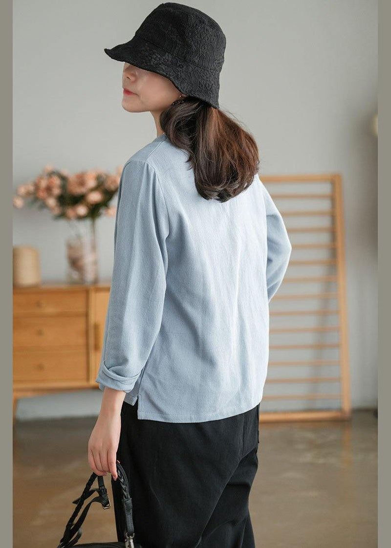 Blue Loose V Neck Button Fall Shirts Long Sleeve