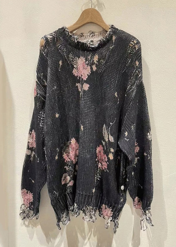Dark Gray Hole Patchwork Knit Sweaters Top Fall