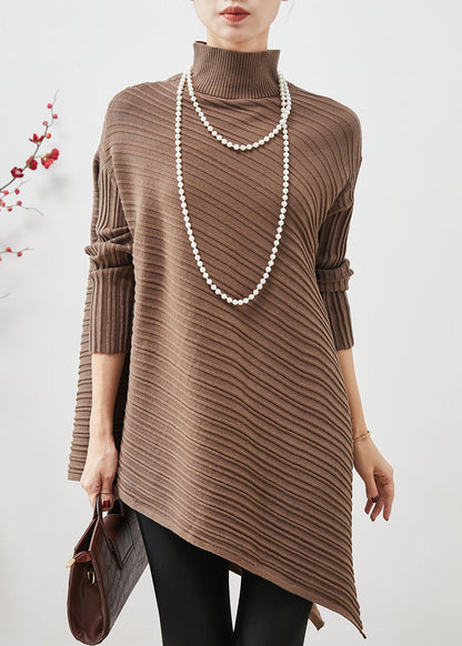 Coffee Turtle Neck Asymmetrical Design Knit Tops Spring
