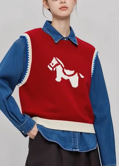 Red O Neck Cartoon Print Knit Vest Sleeveless