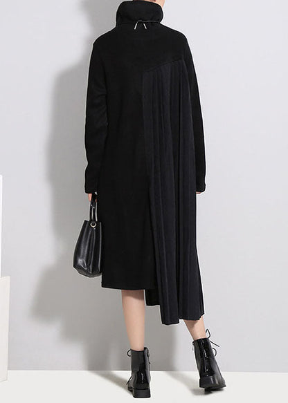 Black Wrinkled Turtle Neck Knit Dresses Spring