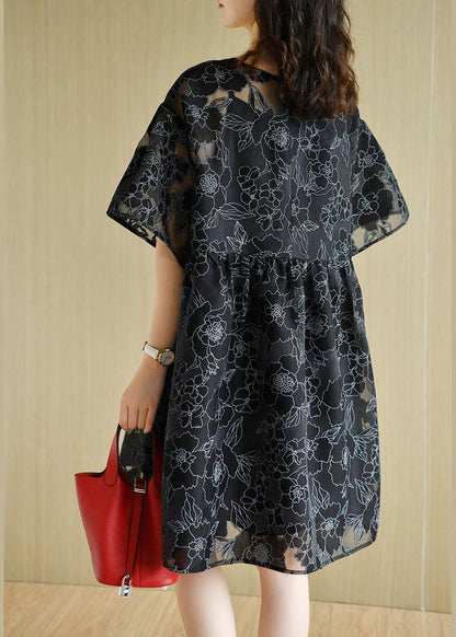 Black O-neck Patchwork Summer Half Sleeve Dress