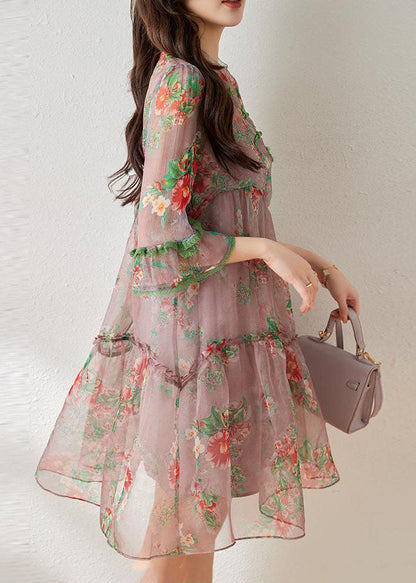 Light Purple Ruffled Chinese Button Print Tulle Oriental Dresses Summer