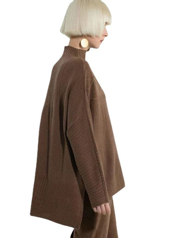 Diy Khaki Stand Collar Oversized Side Open Knit Sweaters Long Sleeve