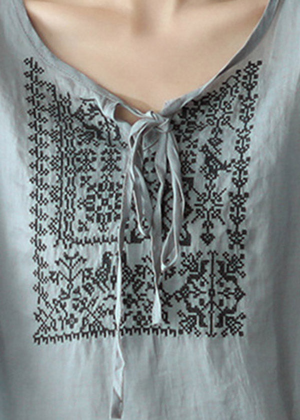 Brief Dusty Blue O-neck Embroideried Lace Up Linen Tops Half Sleeve