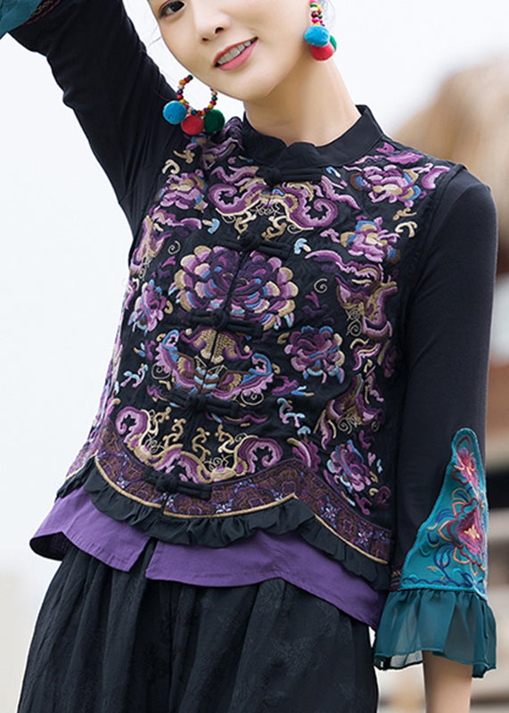 Black Stand Collar Embroideried Linen Waistcoat Fall