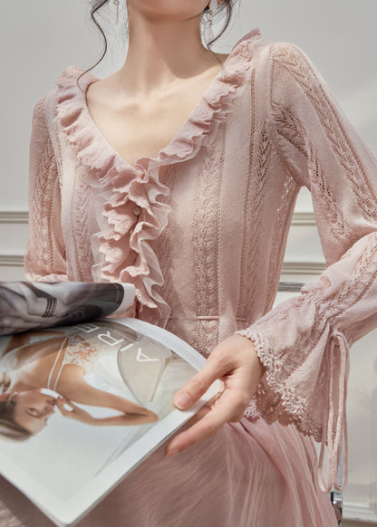 French Pink Ruffled Hollow Out Patchwork Knit Top Flare Sleeve