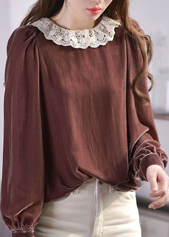 Brown O-neck Lace Patchwork Silk Velour Blouses Spring
