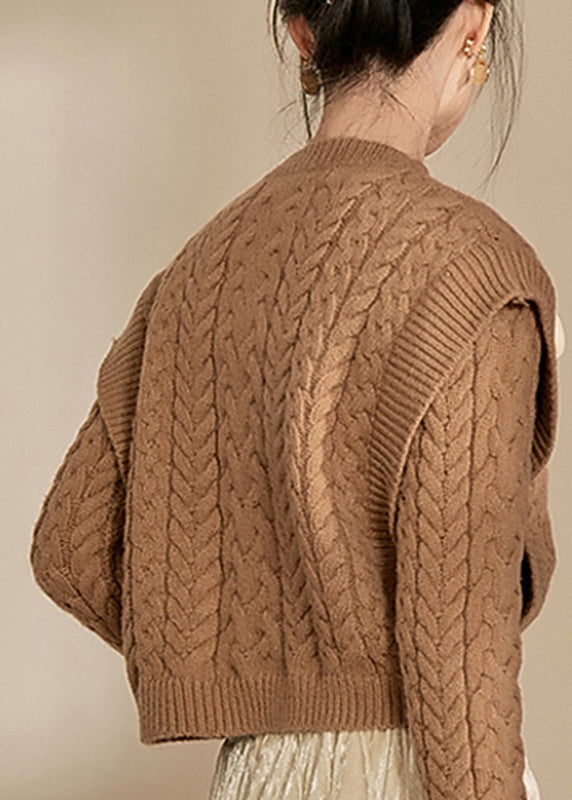 Handmade Brown V Neck Thick Cable Cotton Knit Sweaters Winter