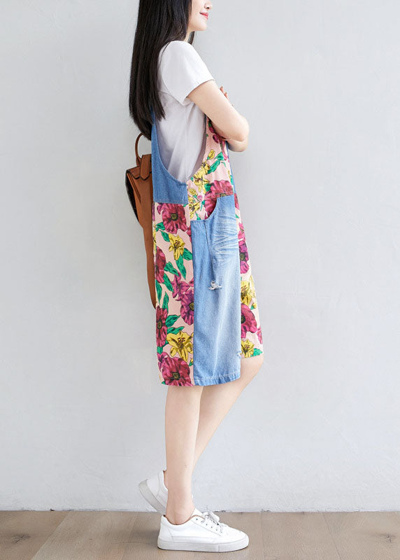 Light Blue Patchwork Print Cotton Overalls Jumpsuit Shorts Summer