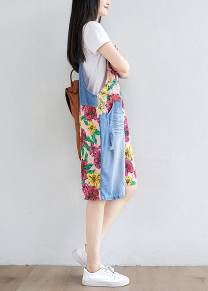 Light Blue Patchwork Print Cotton Overalls Jumpsuit Shorts Summer