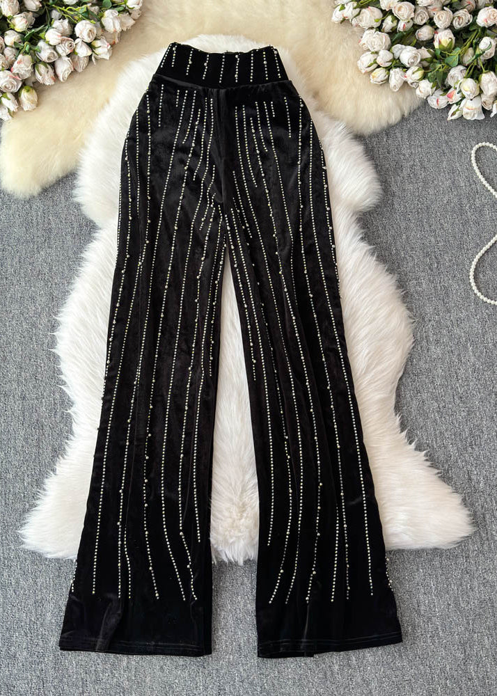 Mulberry Striped Zircon Silk Velvet Wide Leg Pants Spring