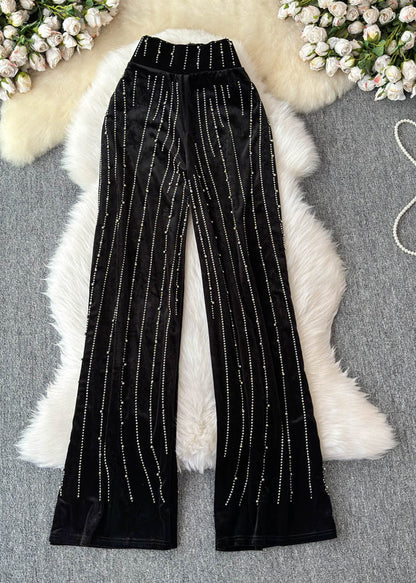 Mulberry Striped Zircon Silk Velvet Wide Leg Pants Spring