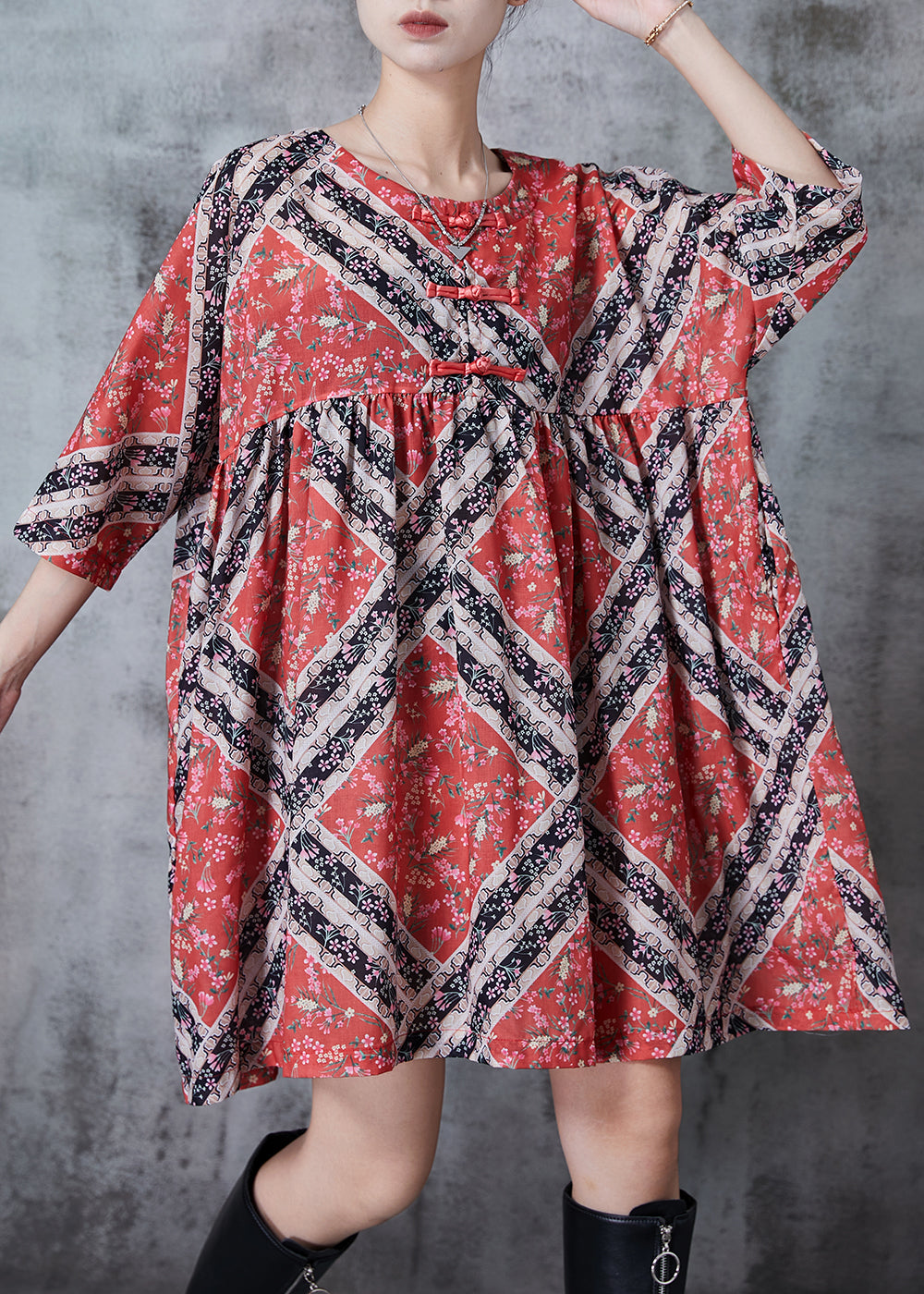 Red Oversized Print Cotton Mid Dresses Summer