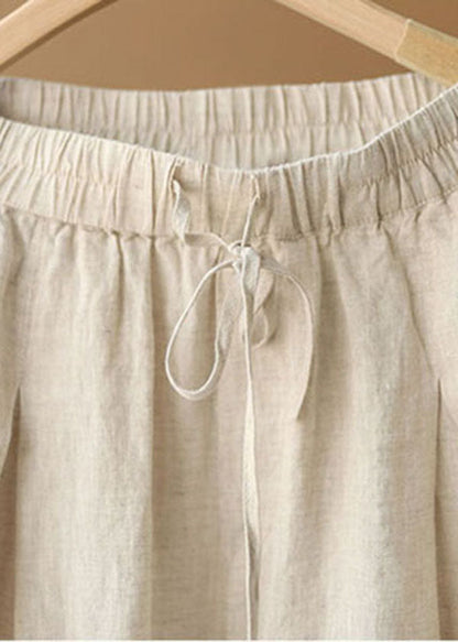 Simple Linen Color Elastic Waist Drawstring Pockets Color Linen Harem Pants Summer