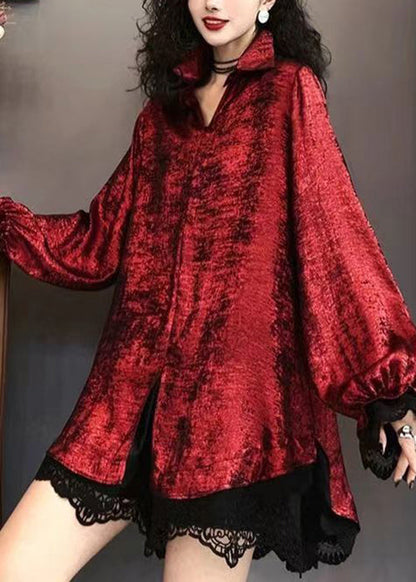 Green Peter Pan Collar Lace Patchwork Silk Shirt Long Sleeve