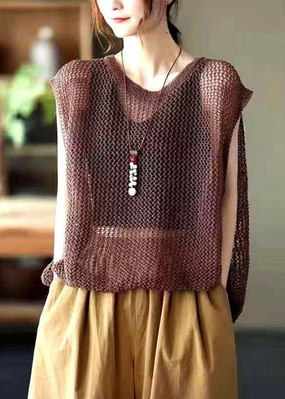 Loose Brown O Neck Hollow Out Knit Vest Sleeveless