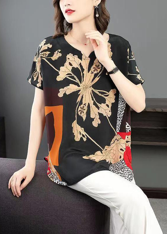 Black Print Side Open Patchwork Silk T Shirt Summer