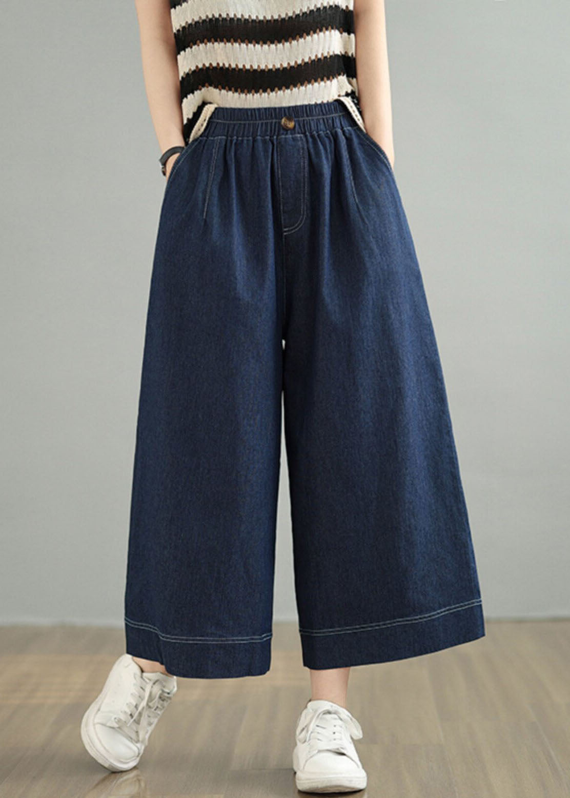 Loose Blue Pockets Elastic Waist Denim Crop Pants Spring