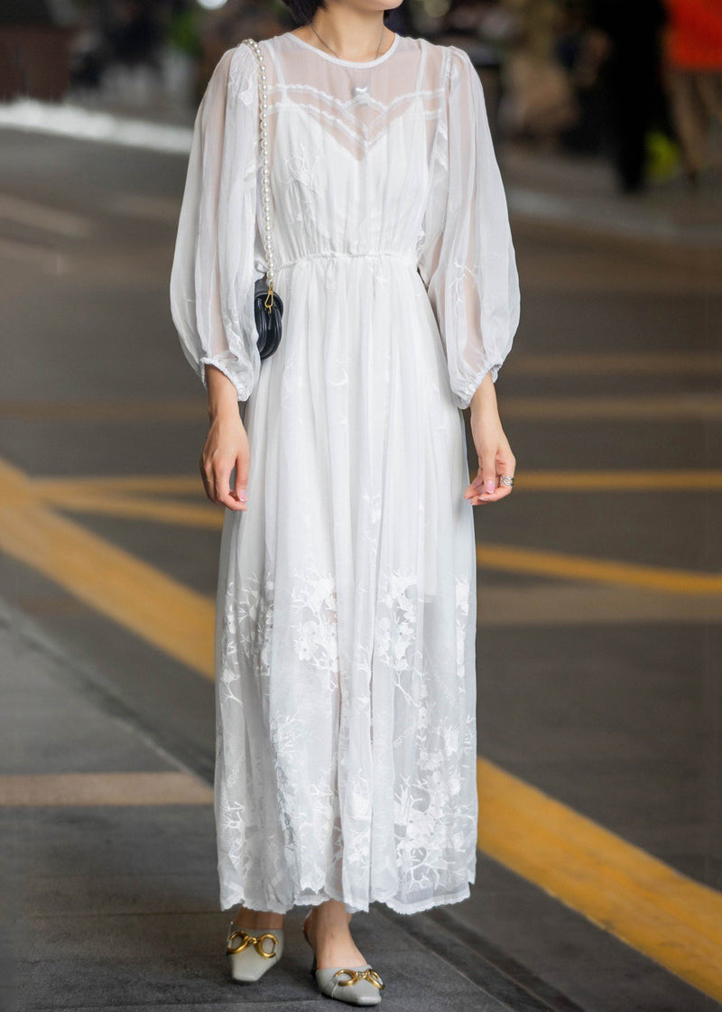 New White Lace Embroidered Lace Up Chiffon Long Dress Spring