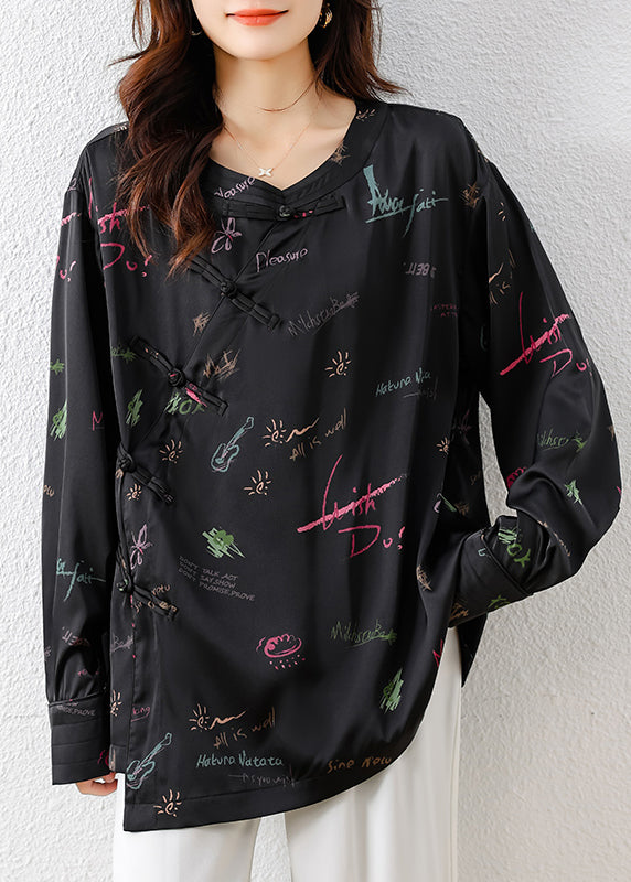Black Embroidered Print Silk Oriental Blouses Fall
