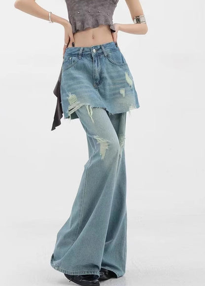 Style Blue Ripped Patchwork Denim Straight Pants Skirts Fall