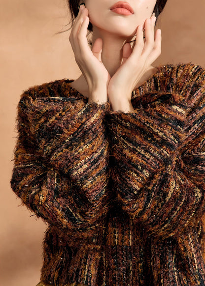 Brown Knit Sweaters and Silk Skirts Two Pieces Set Fall