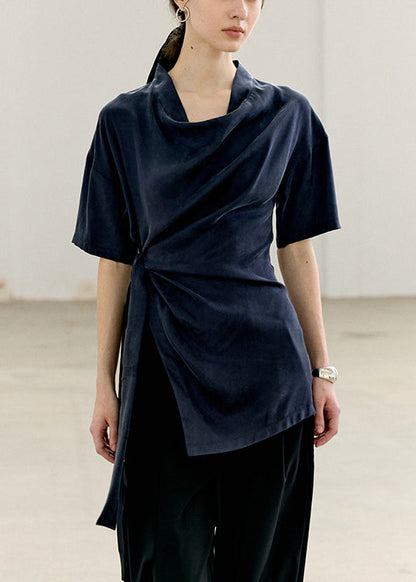 Navy Lace Up Side Open Silk T Shirts Summer