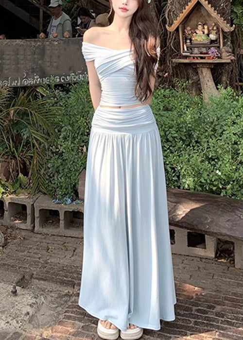 Art Beige Wrinkled Tops and Skirts Cotton Two Pieces Set Summer