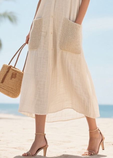 Beige V Neck Patchwork Pockets Cotton Vacation Dresses Summer