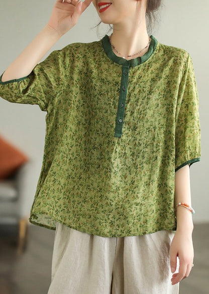 Red Ruffled Print Button Low High Design Ramie Shirt Summer