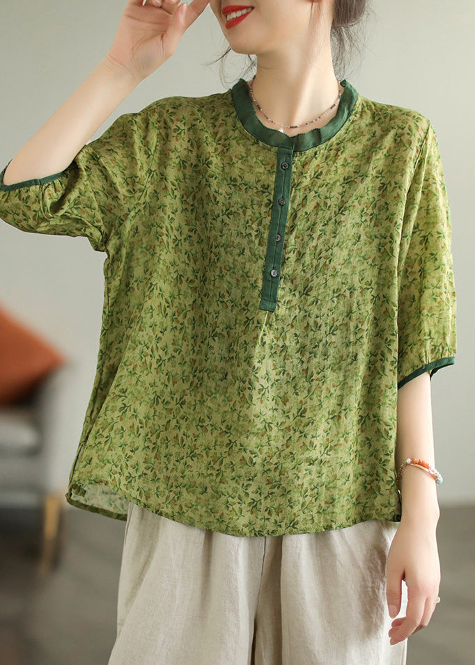 Red Ruffled Print Button Low High Design Ramie Shirt Summer