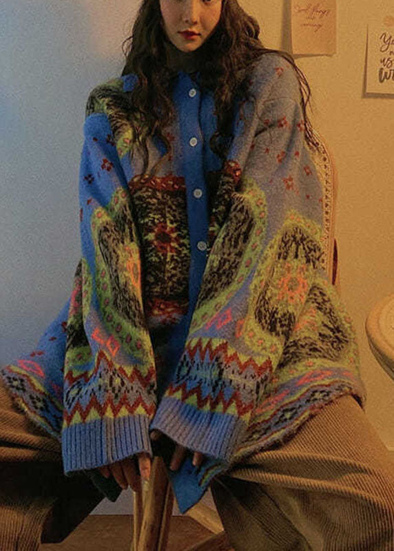 Blue Retro Button Print Fall Knit Sweater Coat