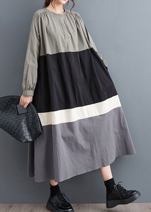 Black O Neck Patchwork Cotton Long Dress Fall