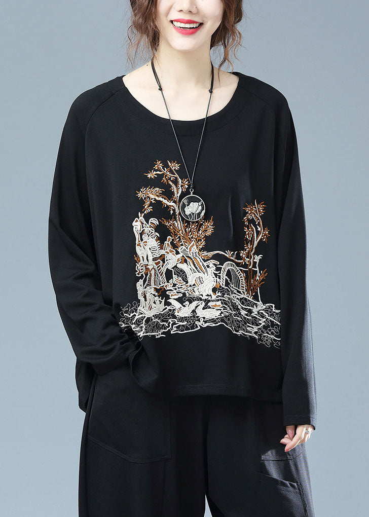 Black O Neck Embroideried Patchwork Cotton T Shirt Top Fall