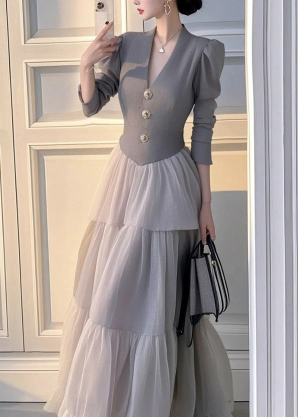 Grey V Neck Patchwork Tulle Long Dress Spring