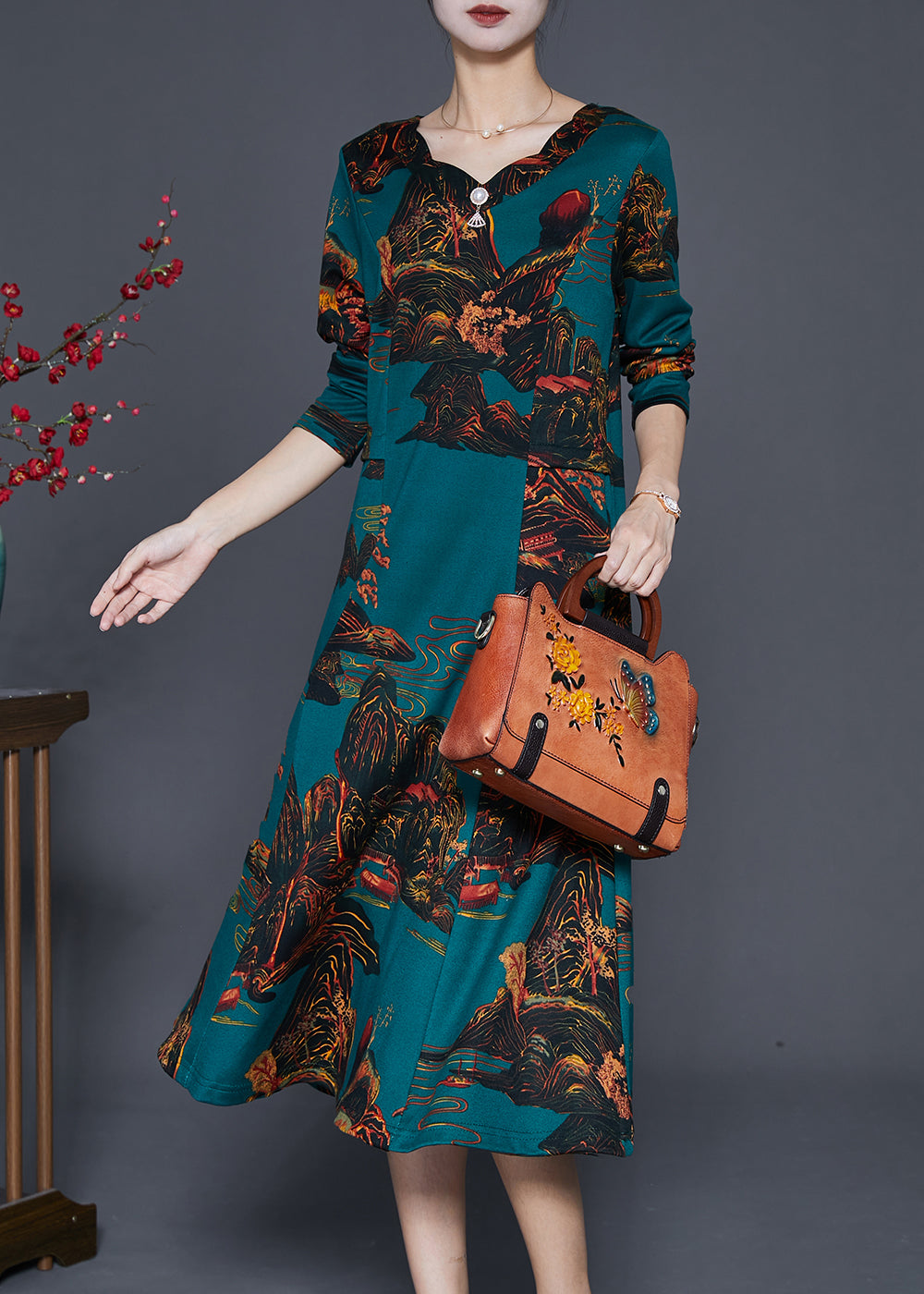 Blackish Green Print Silm Fit Cotton a Line Dresses Fall