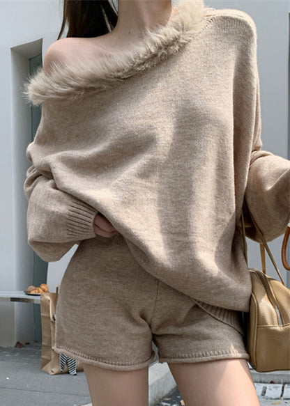 Khaki One Shoulder Cotton Knit Sweaters and Shorts Two Pieces Set Lantern Sleeve