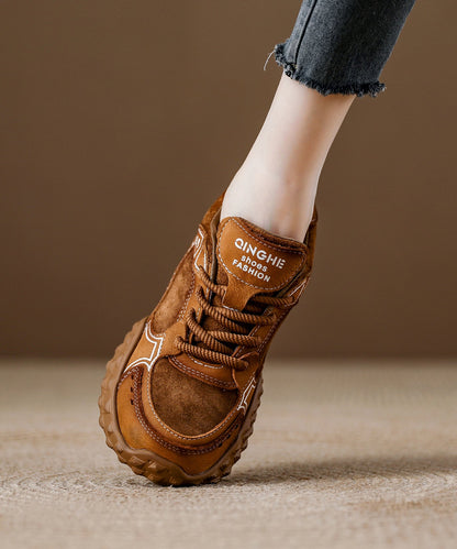 Camel Suede Flat Shoes Splicing Lace Up