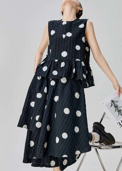 New Black Dot Tops and Pants Skirt Cotton Two Piece Set Sleeveless
