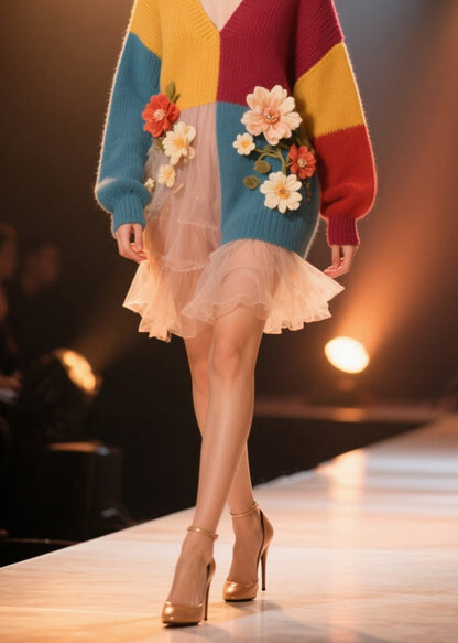 Colorblock V Neck Knit Sweater Dress Fall