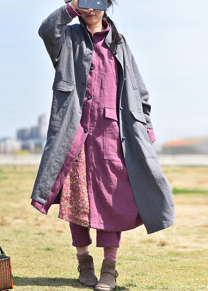 Black Stand Collar Pockets Linen Coat Fall