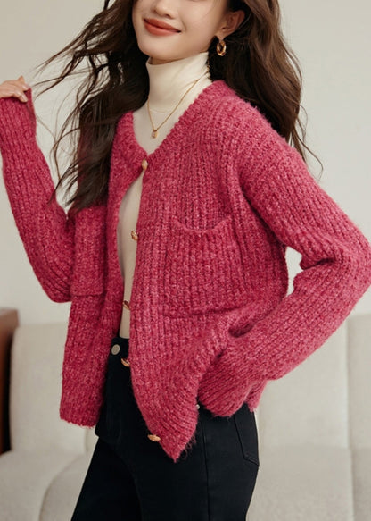 Rose O Neck Button Pockets Cotton Knit Coat Spring