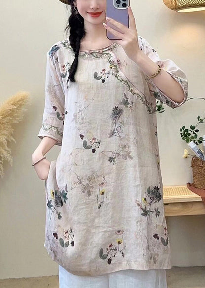 Light Green Print Side Open Linen Shirt Half Sleeve