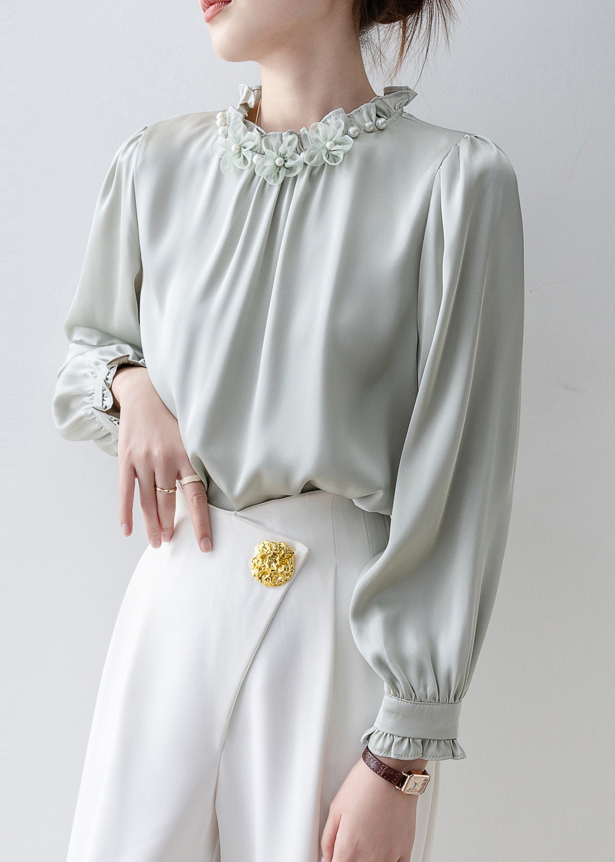 Unique Light Blue Ruffled Chiffon Shirts Spring