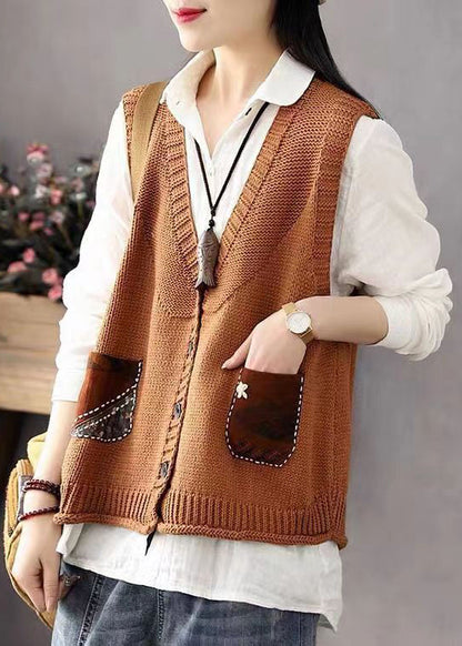 Khaki Button Pockets Patchwork Cotton Knit Waistcoat Sleeveless