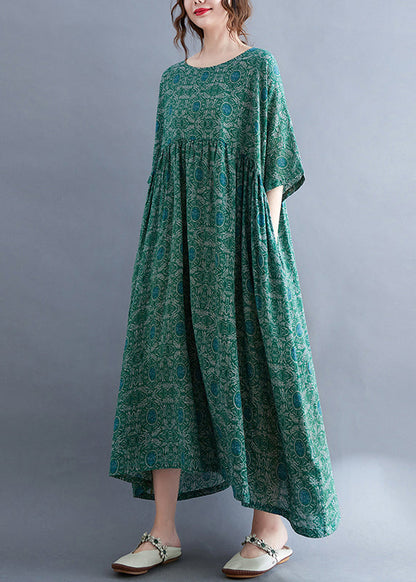 Green O-neck Print Patchwork Vacation Maxi Dresses Summer