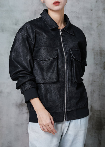 Black Oversized Pockets Faux Leather Jacket Spring